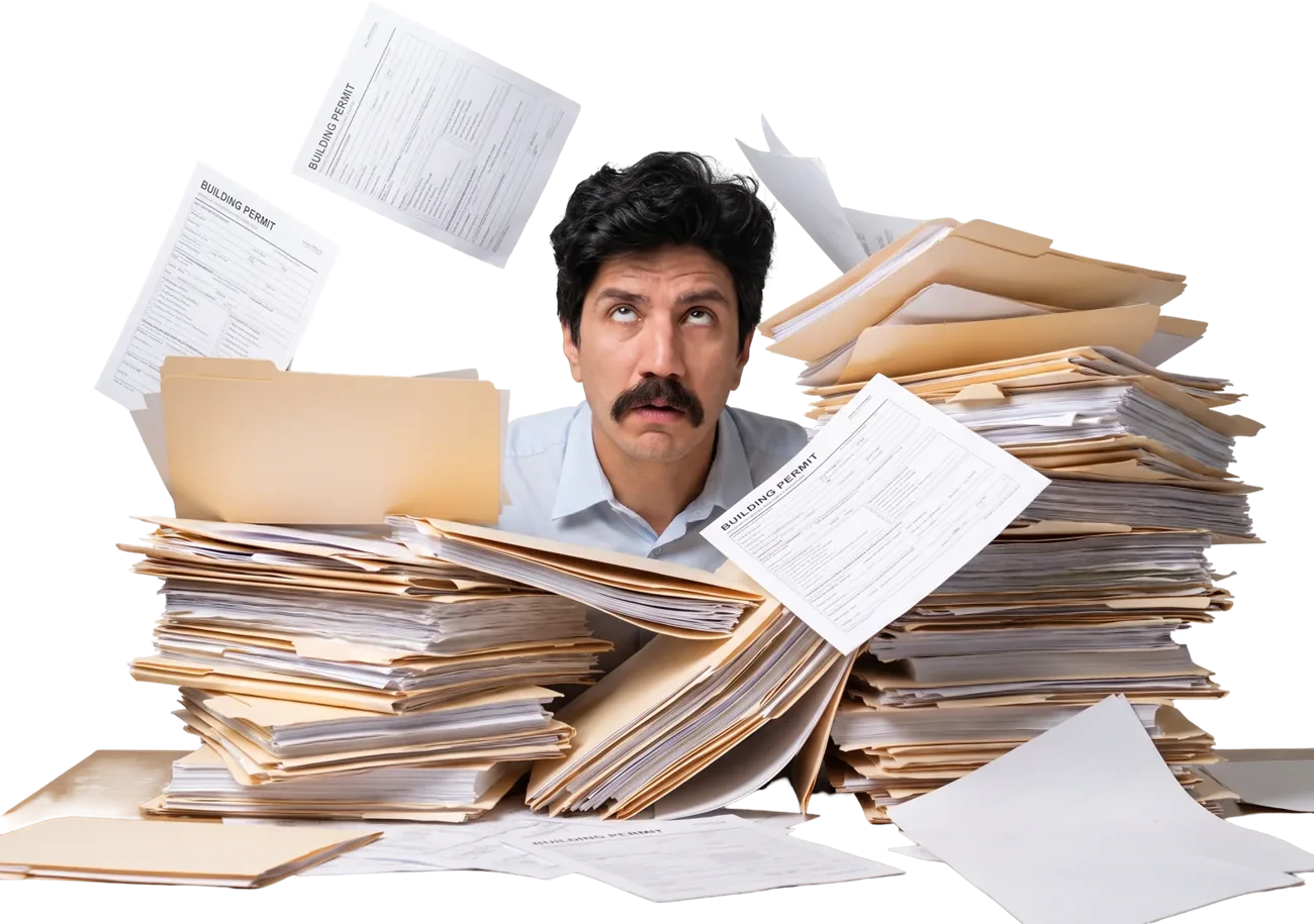 Il volto di Ingegneriamo sommerso da pile di pratiche